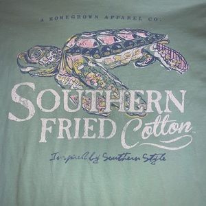 Southern Fried Cotton, teal t-shirt with turtle.